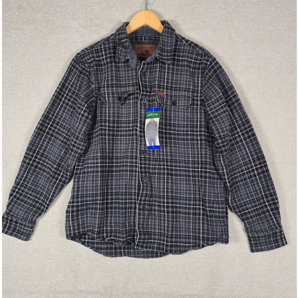 Orvis Mens Gray Plaid Flannel Button Down Shirt Heavyweight‎ Large NEW